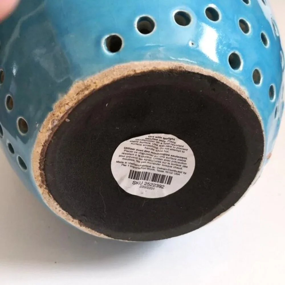 Pier‎ 1 Blue Ceramic Cut Out Vase/Candle Holder 13